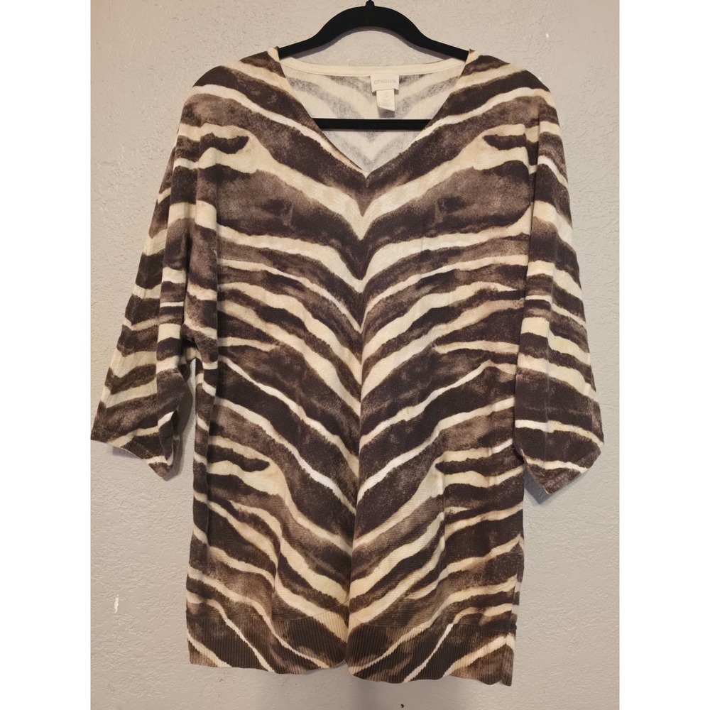 Chicos Zebra Print V-Neck Sweater Brown Cream 3/4 Sleeve Dolman Top Size 3 XL